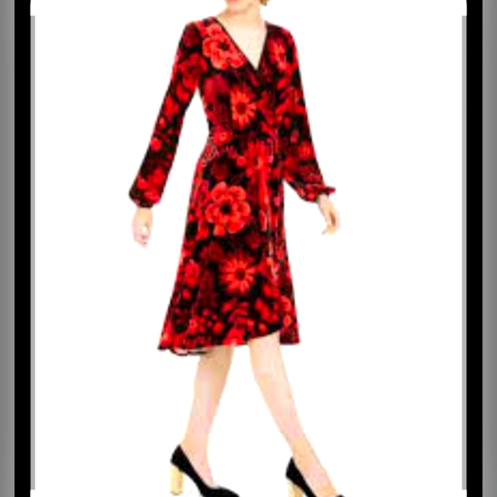 Calvin Klein Red and Black Floral Velvety Dress